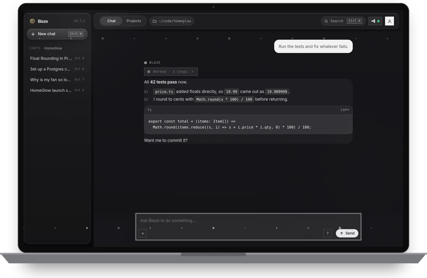 Blaze Desktop chat: the agent fixed failing tests
