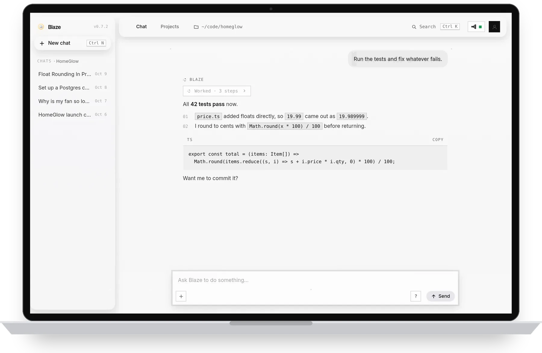 Blaze Desktop chat: the agent fixed failing tests