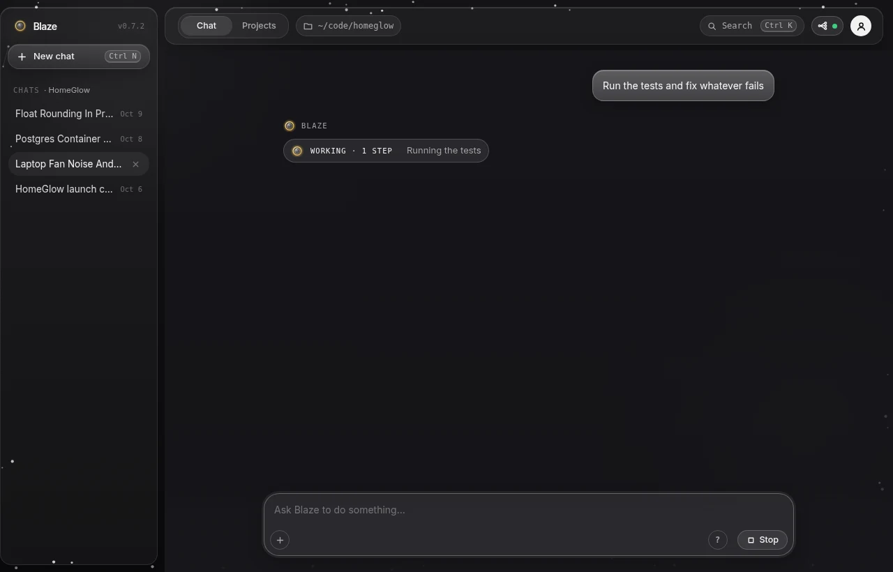 Blaze Desktop on a monitor, with the agent running a task in the dark theme