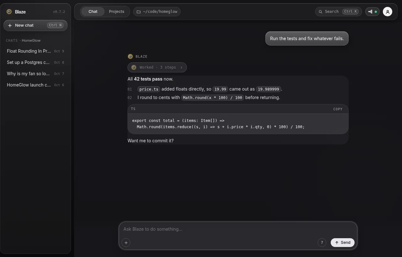 Blaze Desktop on a laptop, showing the chat screen in the dark theme